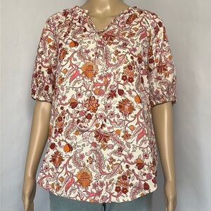 Knox Rose White Top Blouse Floral Pink Red Orange Flutter Sleeve